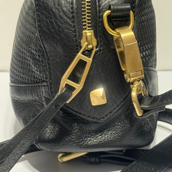 Rion Black Leather Crossbody Bag Gold Hardware Textured Front Zip Shoulder Purse - Picture 6 of 11